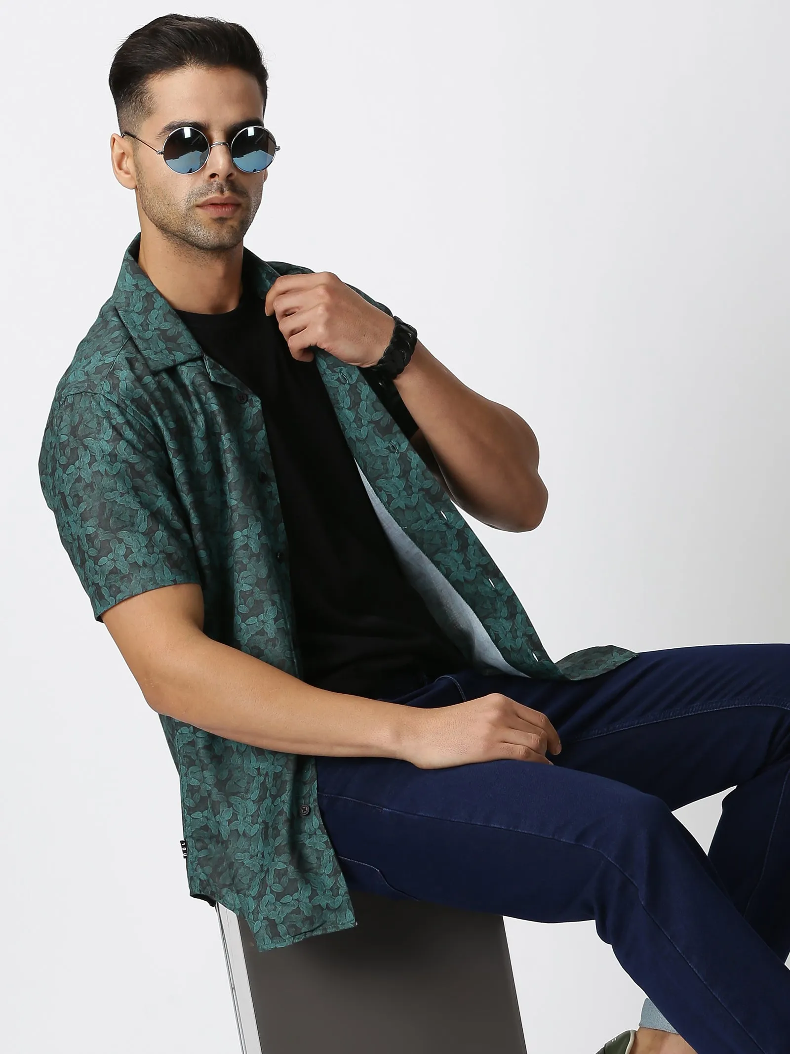 MEN'S BLUES GREEN PRINT SLIM FIT SHIRT