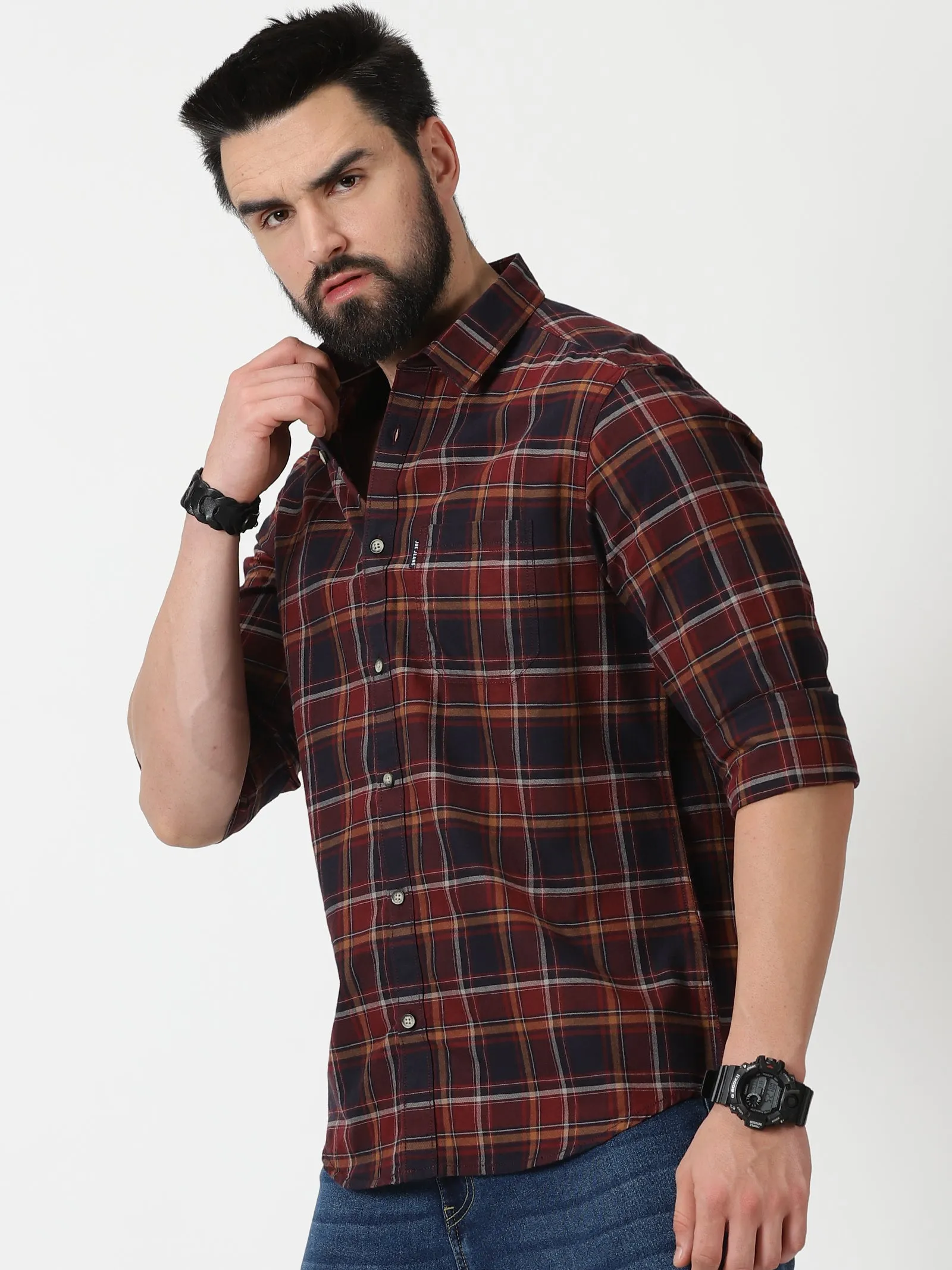 MEN'S BROWN CHECKS SLIM FIT SHIRT