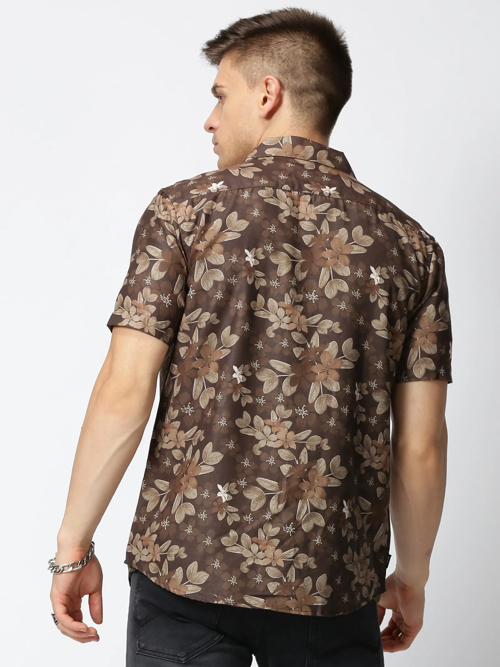 MEN'S BROWN PRINT SLIM FIT SHIRT