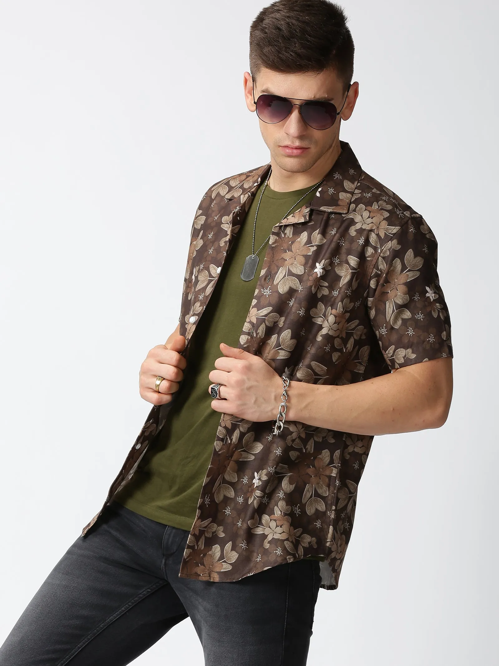 MEN'S BROWN PRINT SLIM FIT SHIRT