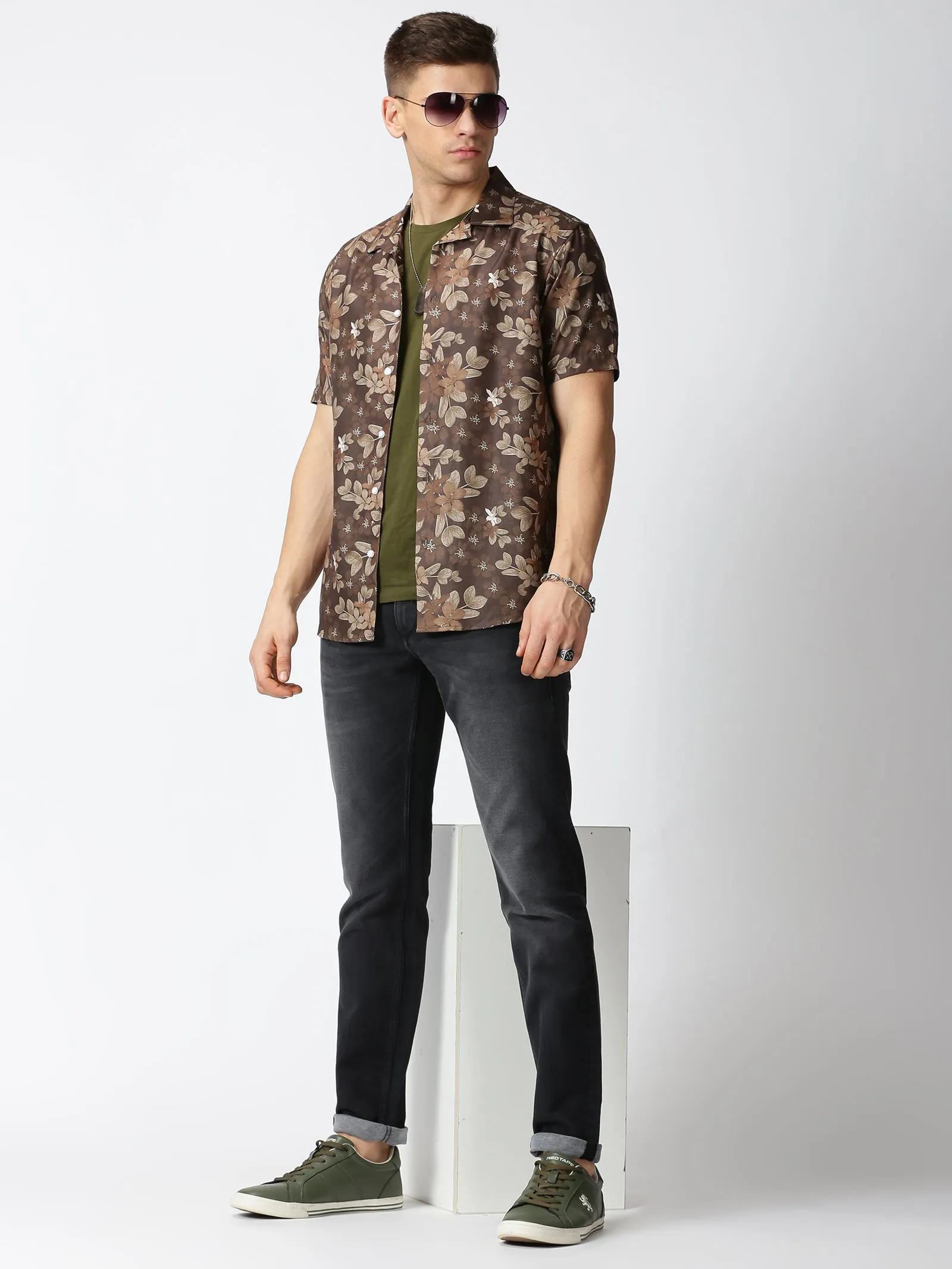 MEN'S BROWN PRINT SLIM FIT SHIRT