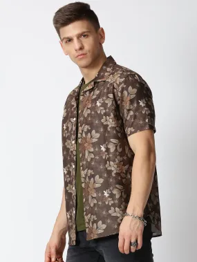 MEN'S BROWN PRINT SLIM FIT SHIRT