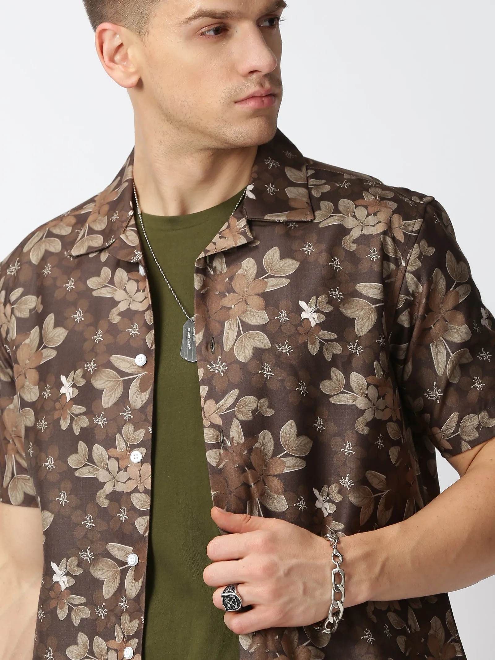 MEN'S BROWN PRINT SLIM FIT SHIRT