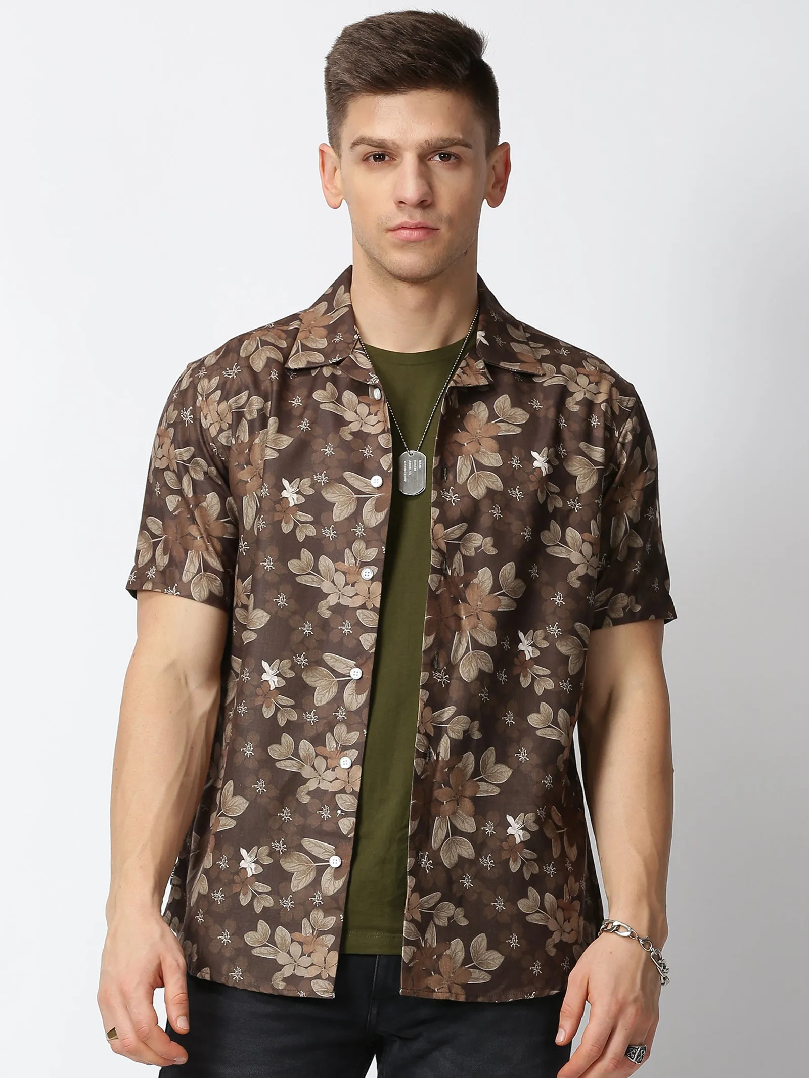 MEN'S BROWN PRINT SLIM FIT SHIRT