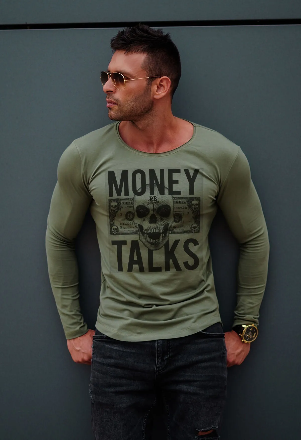 Mens Long Sleeve Skull T-shirt "Money Talks" MD669