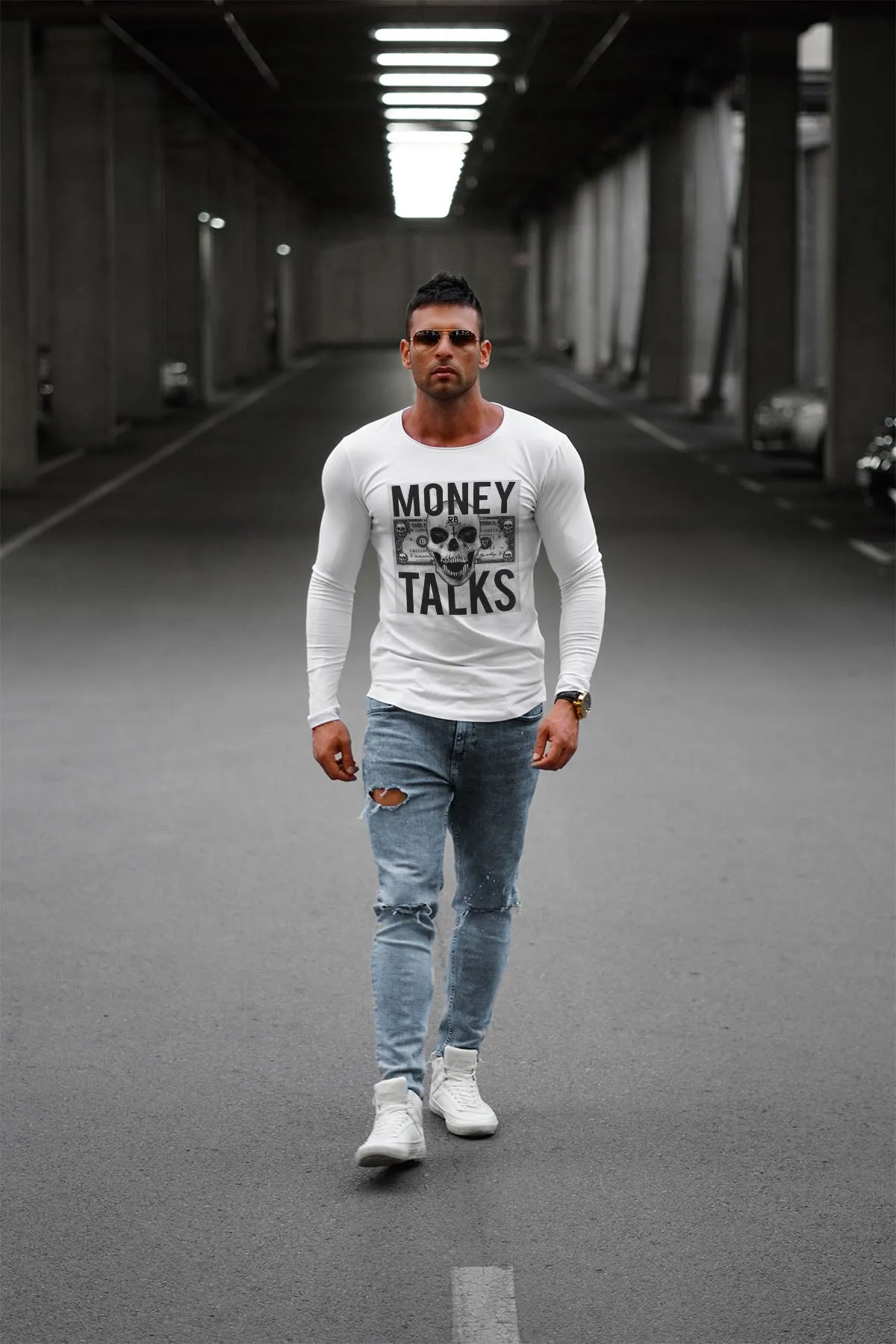 Mens Long Sleeve Skull T-shirt "Money Talks" MD669