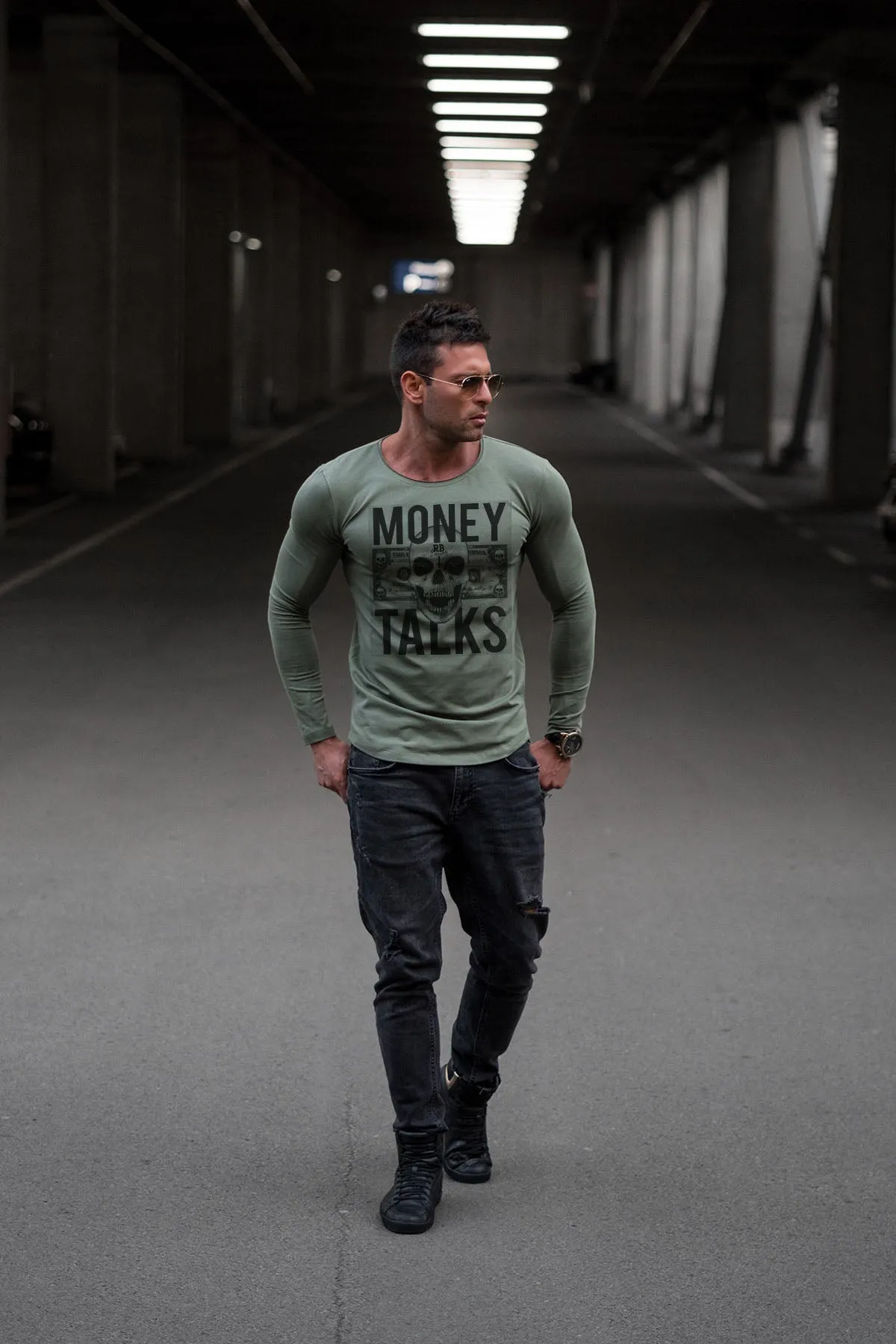 Mens Long Sleeve Skull T-shirt "Money Talks" MD669