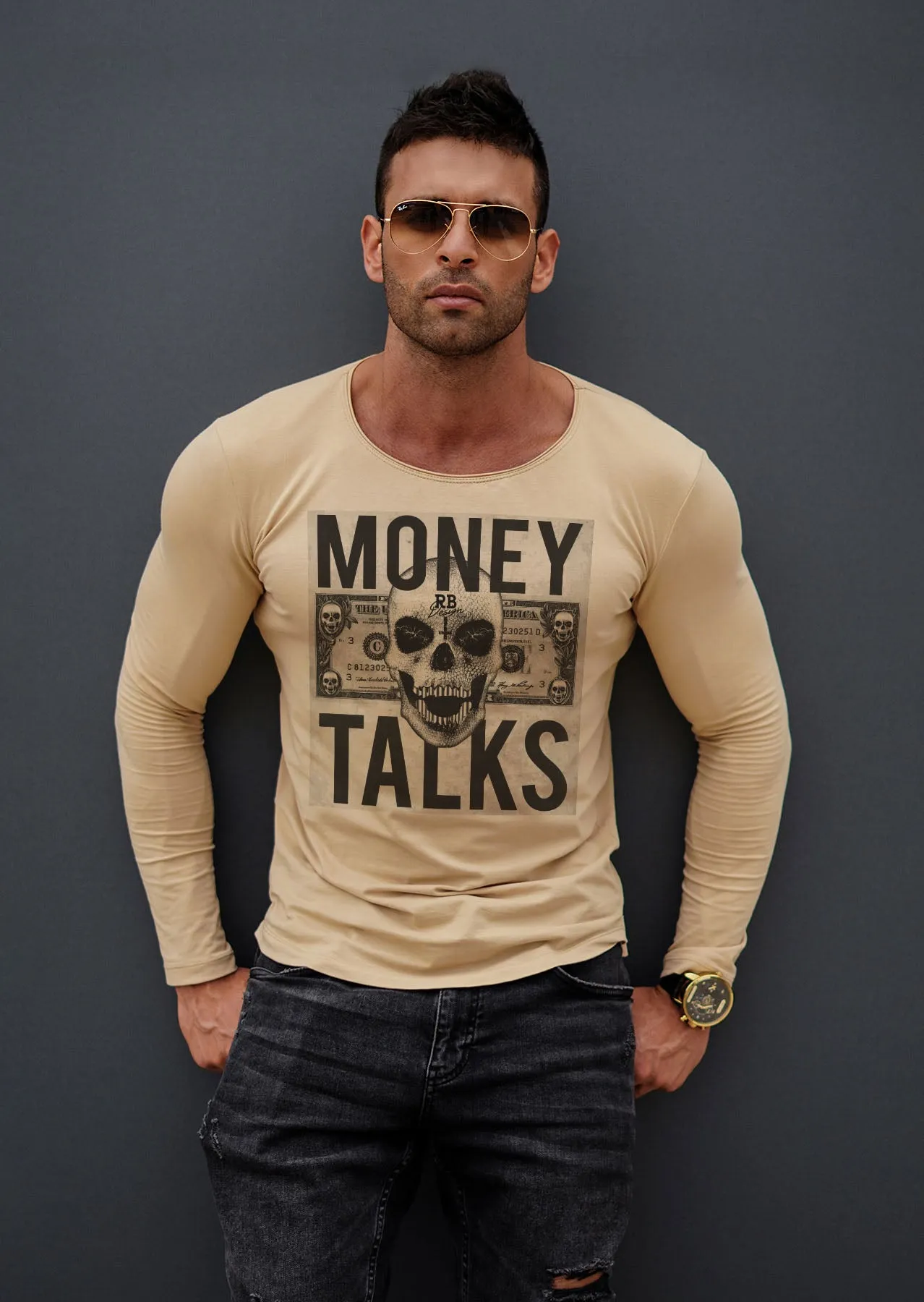 Mens Long Sleeve Skull T-shirt "Money Talks" MD669