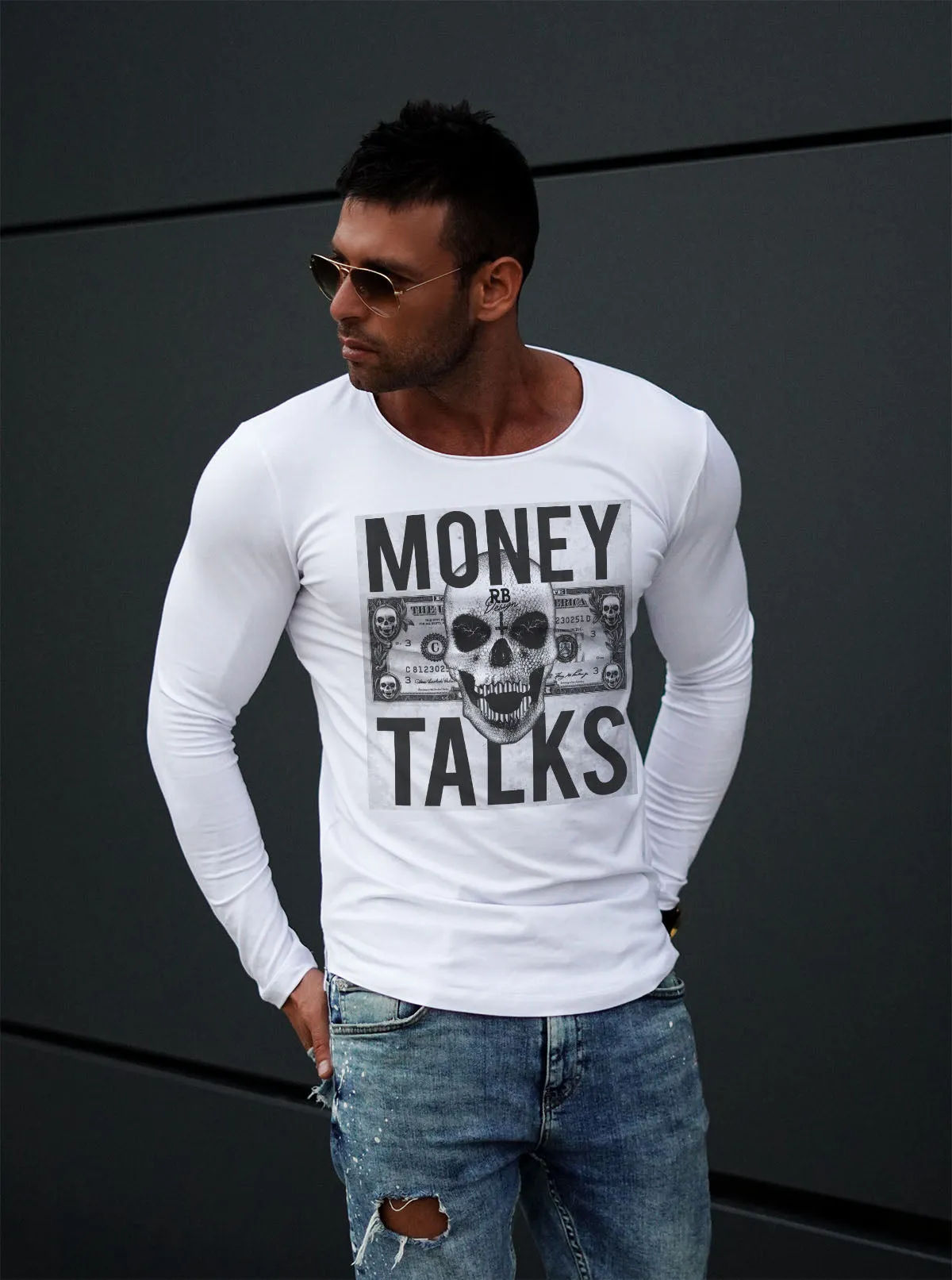 Mens Long Sleeve Skull T-shirt "Money Talks" MD669