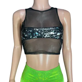 Mesh Censor Crop Tank - Black Mesh w/ Black Holo Splatter Holographic