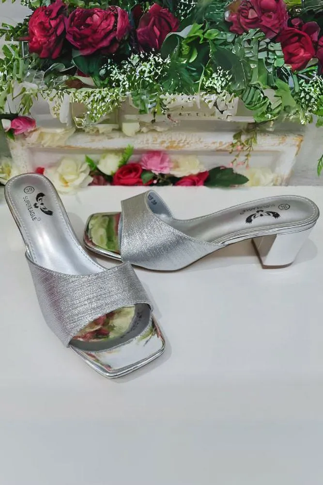 Metallic Foil Strap Block Heel Slider