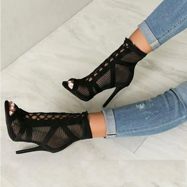 New fashion show Black net Suede fabric Cross strap Sexy high heel sandals woman shoes pumps lace-up peep Toe Sandals