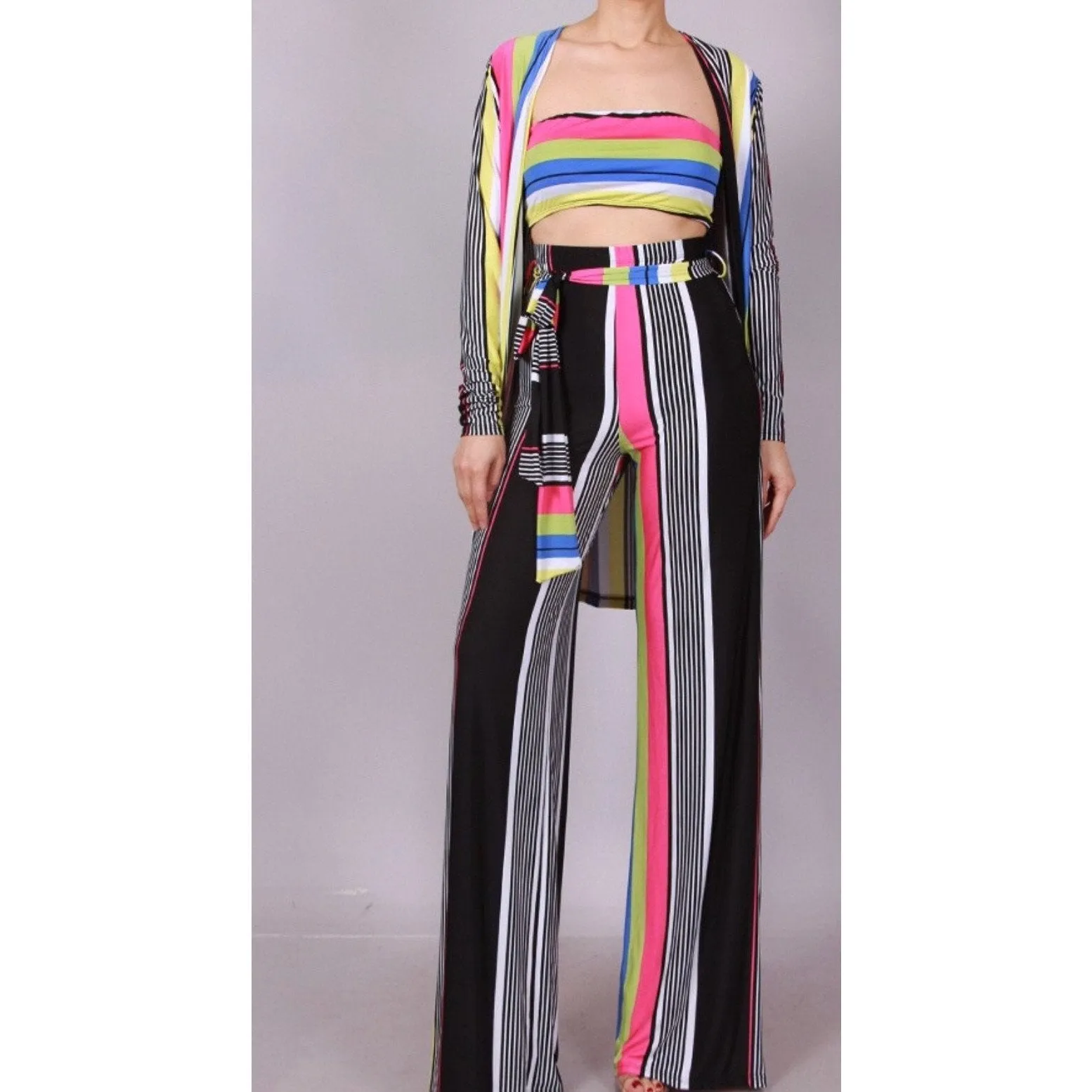 New Sexy Stripe 3 Piece Wide Leg Pant Set