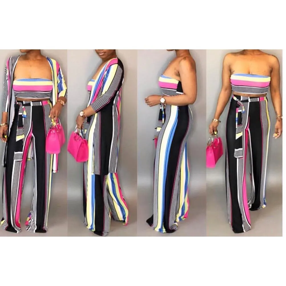 New Sexy Stripe 3 Piece Wide Leg Pant Set