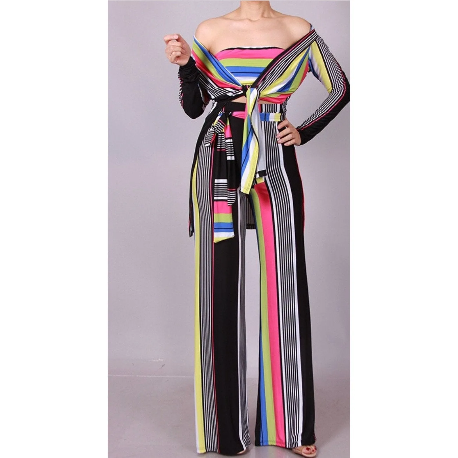 New Sexy Stripe 3 Piece Wide Leg Pant Set