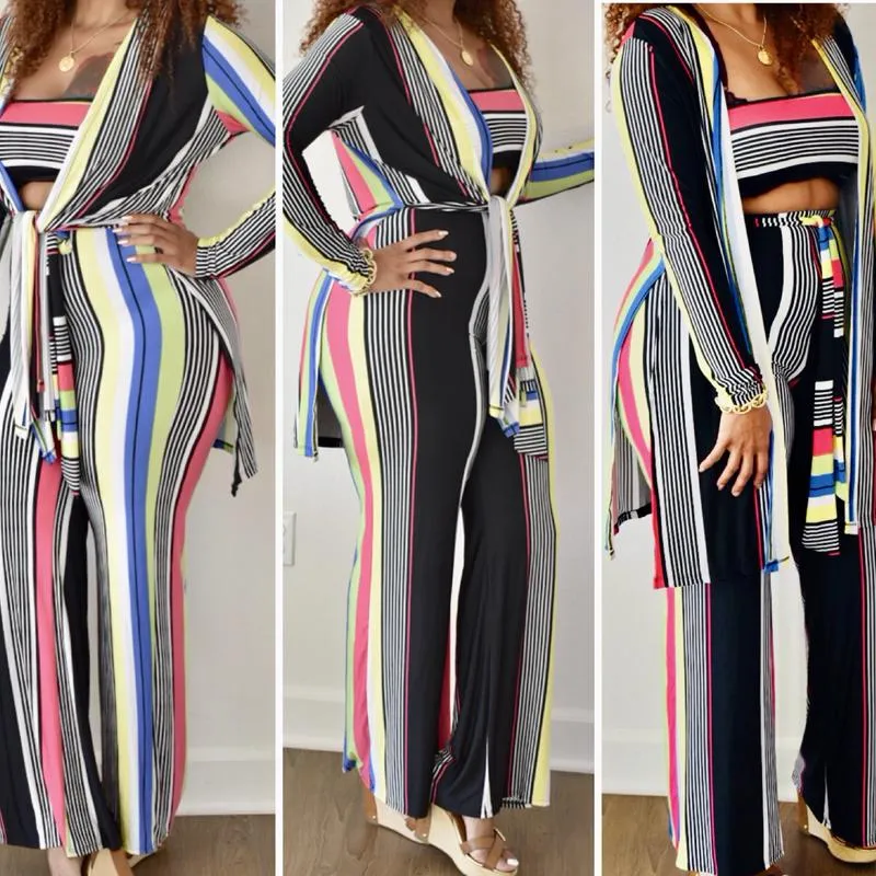 New Sexy Stripe 3 Piece Wide Leg Pant Set