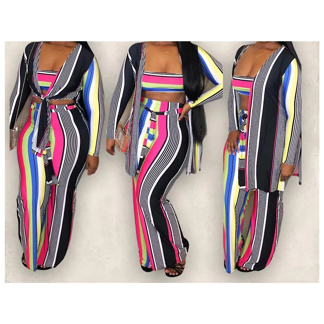 New Sexy Stripe 3 Piece Wide Leg Pant Set