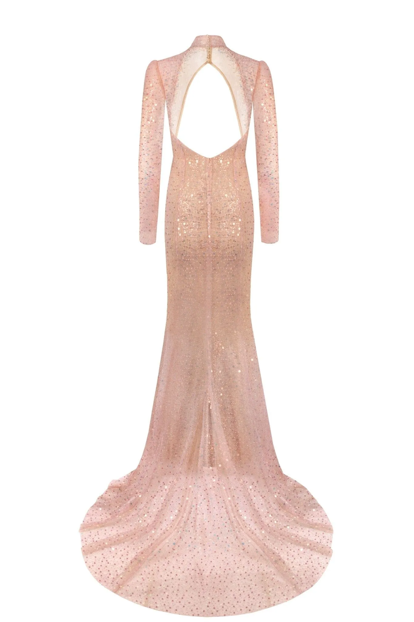 Radiant long-sleeved maxi dress in rose gold