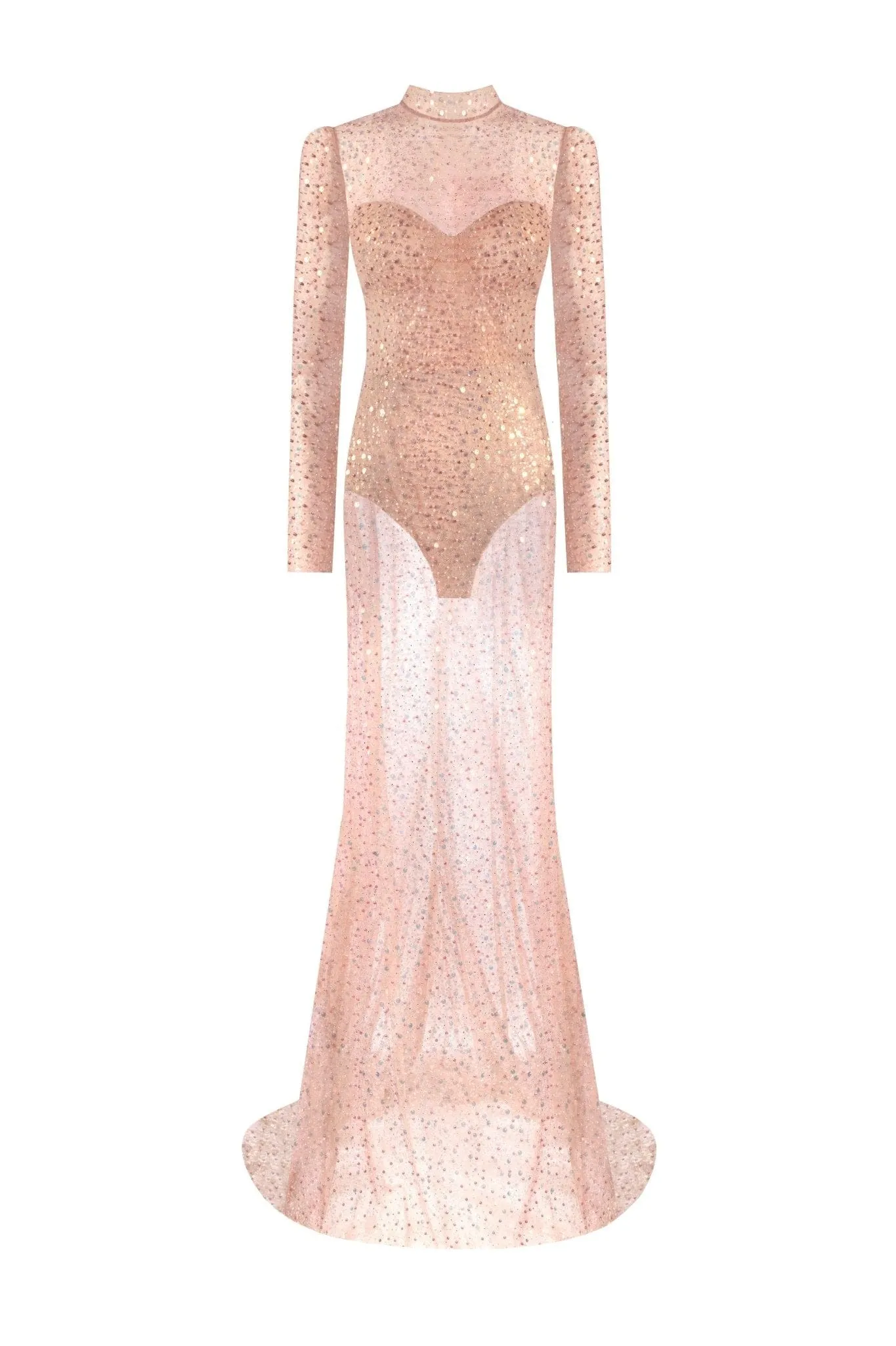 Radiant long-sleeved maxi dress in rose gold