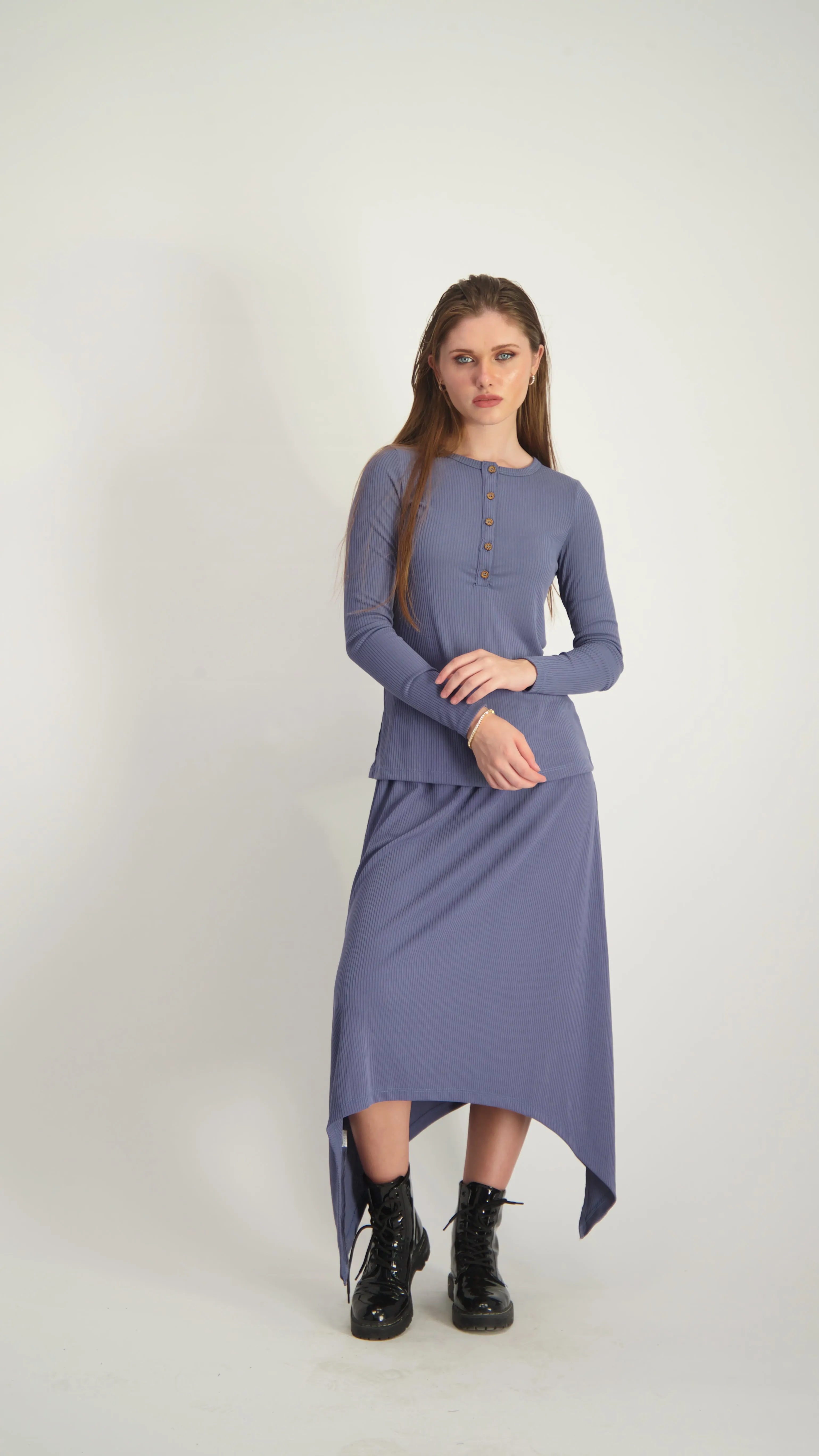 Ribbed Asymmetric Skirt / Blue