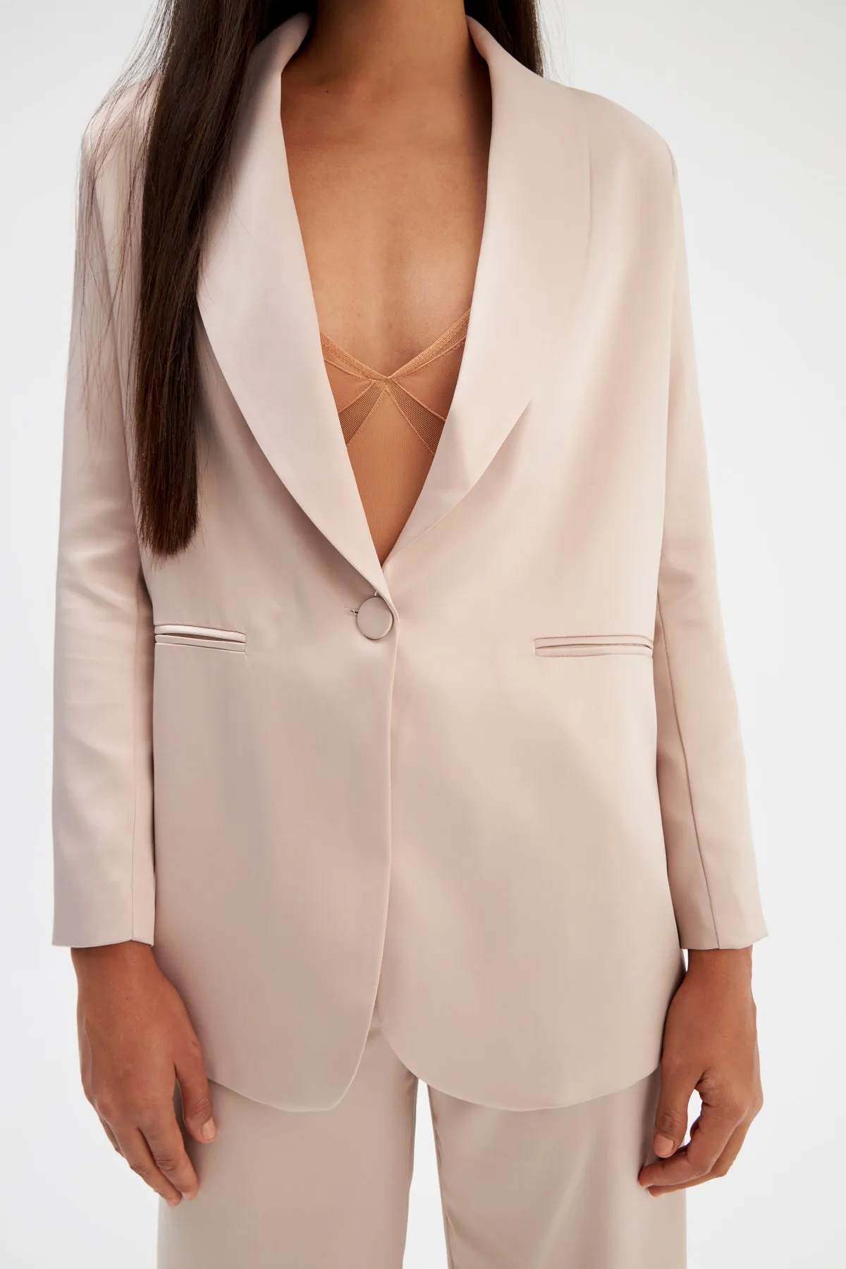 Shawl Collar Satin Jacket - Beige