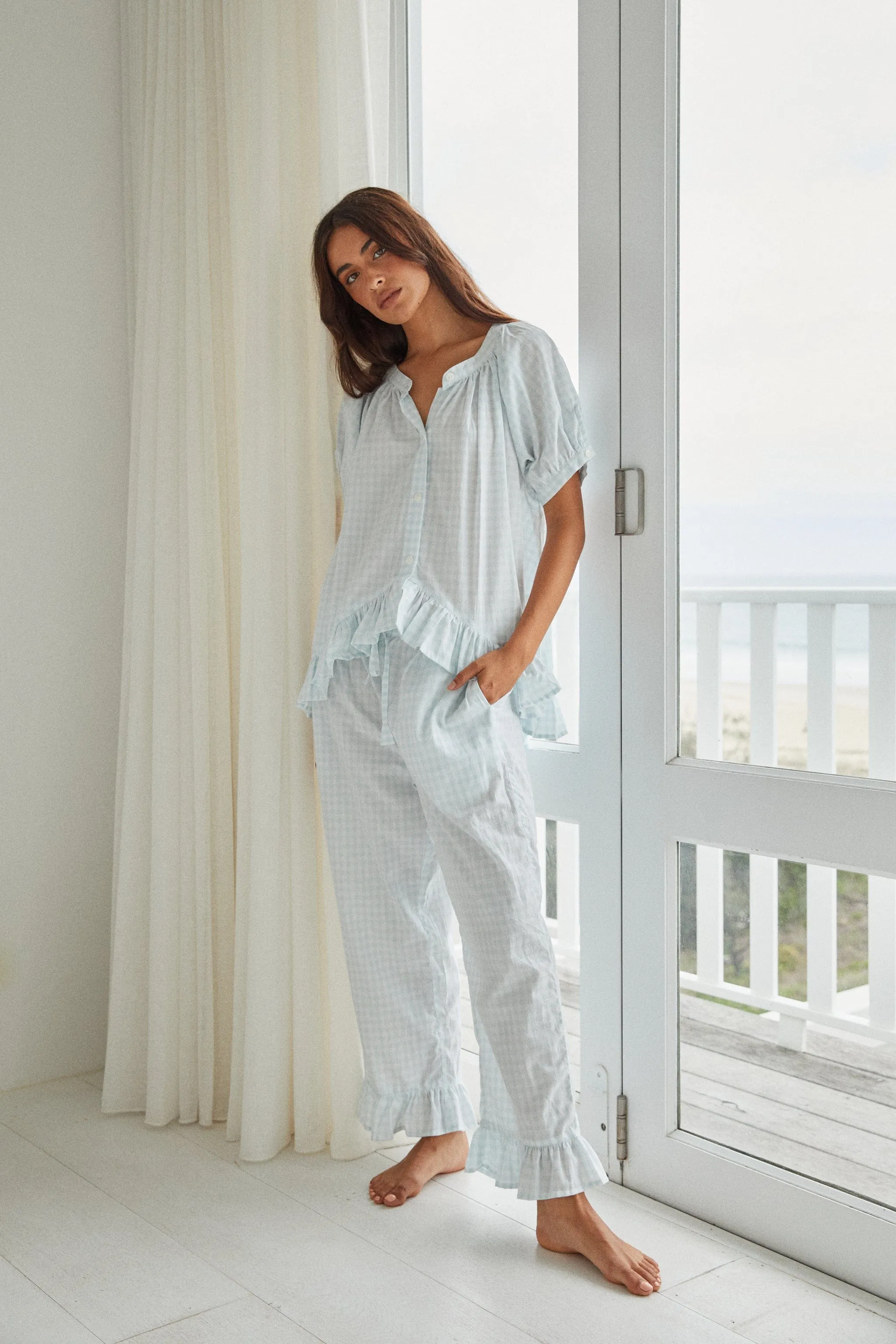 Sophie Sleep Set - Pants - Cotton - Gingham Pale Blue