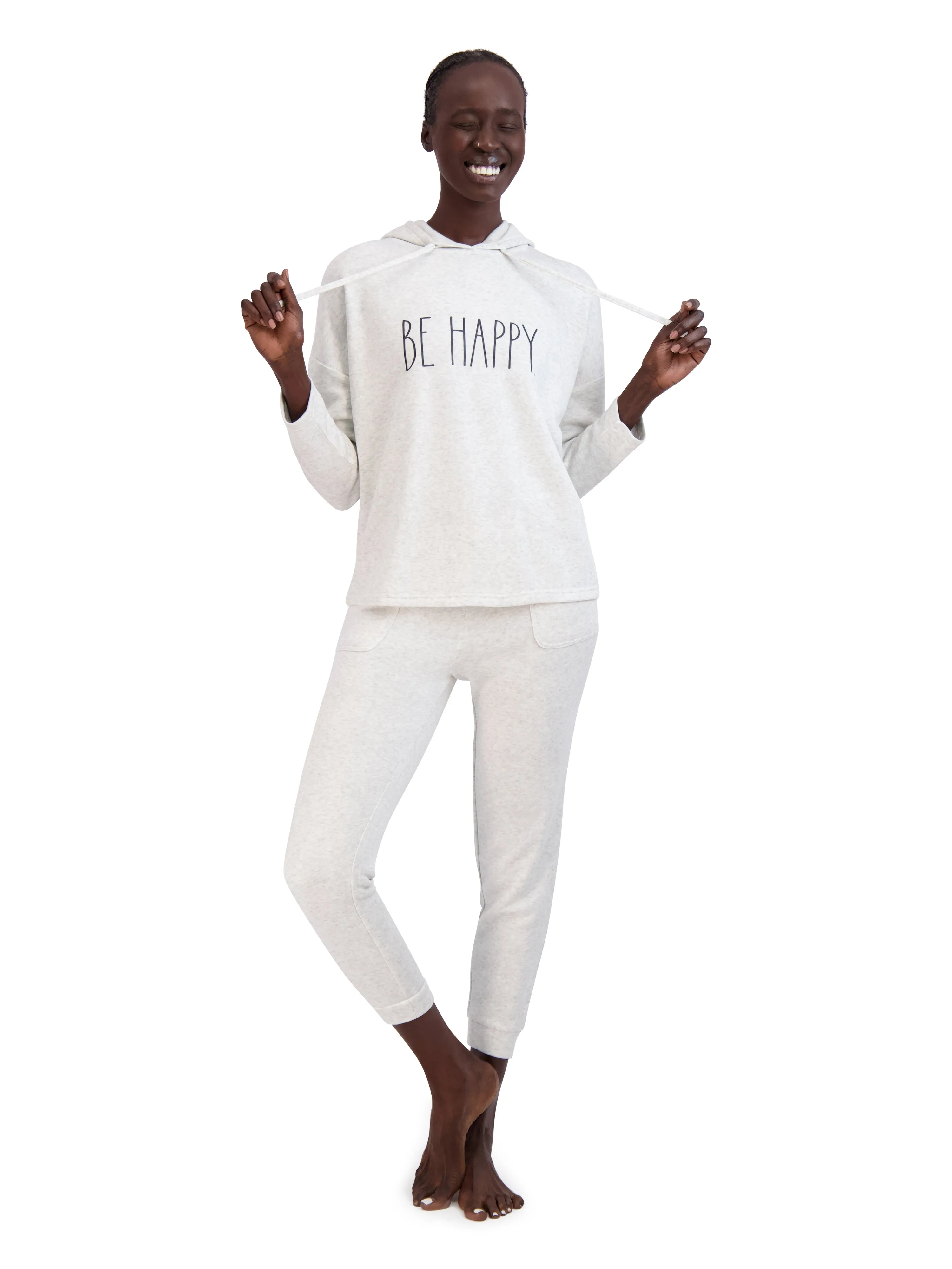 Women's "BE HAPPY" Hoodie and Drawstring Joggers 2-Piece Lounge Set