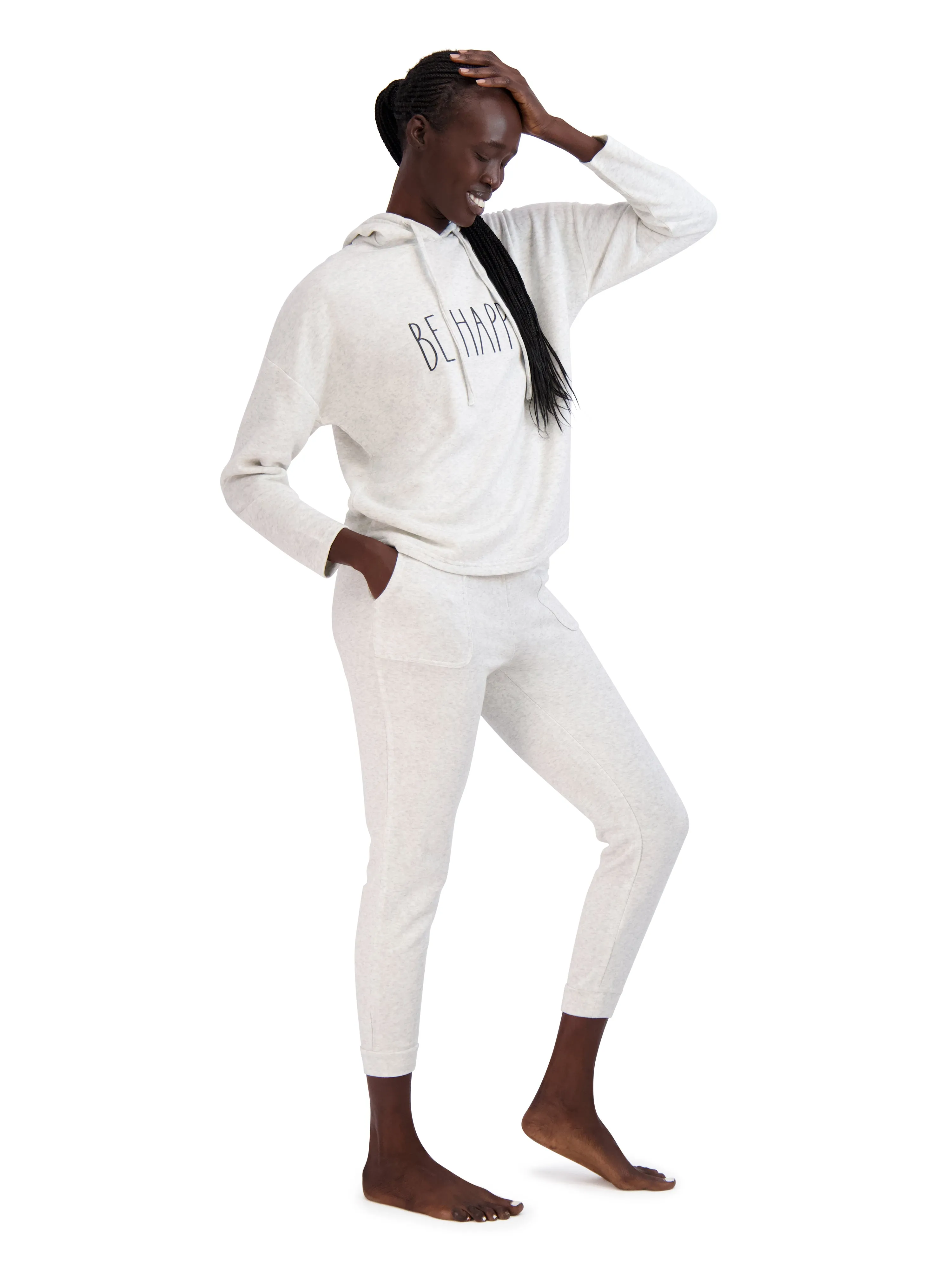 Women's "BE HAPPY" Hoodie and Drawstring Joggers 2-Piece Lounge Set