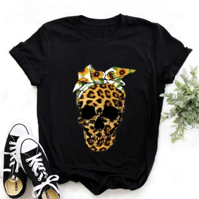 WVIOCE Fashion Leopard Skull Print Women T-shirt Summer Plus Size Black Female T-shirt Soft Round Neck Harajuku Top Clothes H1