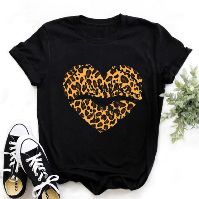 WVIOCE Fashion Leopard Skull Print Women T-shirt Summer Plus Size Black Female T-shirt Soft Round Neck Harajuku Top Clothes H1