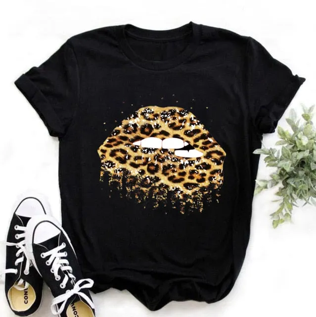 WVIOCE Fashion Leopard Skull Print Women T-shirt Summer Plus Size Black Female T-shirt Soft Round Neck Harajuku Top Clothes H1