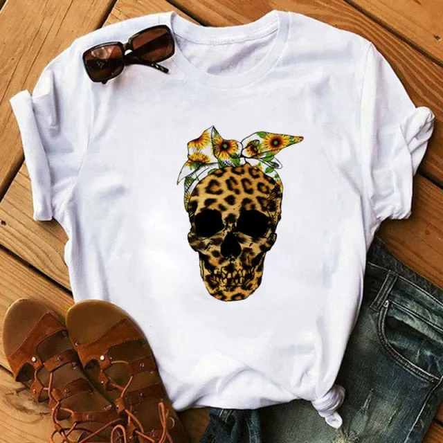 WVIOCE Fashion Leopard Skull Print Women T-shirt Summer Plus Size Black Female T-shirt Soft Round Neck Harajuku Top Clothes H1